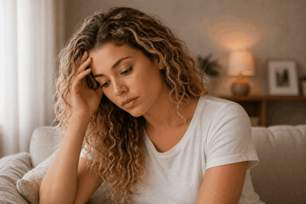 Por que eu me cobro tanto: mulher com expressão de autocobrança e cansaço emocional