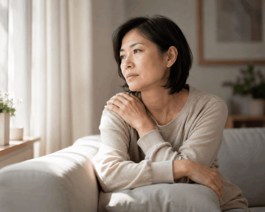 Mulher refletindo sobre a necessidade de ser forte o tempo todo e a sobrecarga emocional