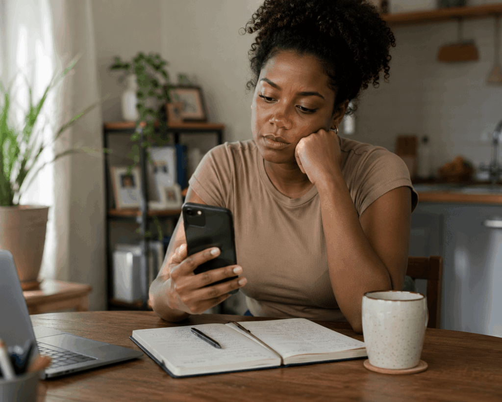 Mulher observando o celular enquanto compara sua rotina com a de outras mulheres nas redes sociais, representando a comparação entre mulheres e a sobrecarga emocional.
